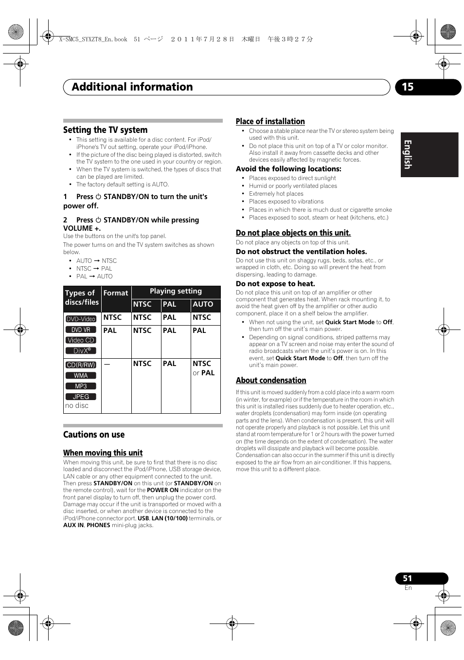 Setting the tv system cautions on use, Additional information 15, English français español setting the tv system | Cautions on use | Pioneer X-SMC5-K User Manual | Page 51 / 168