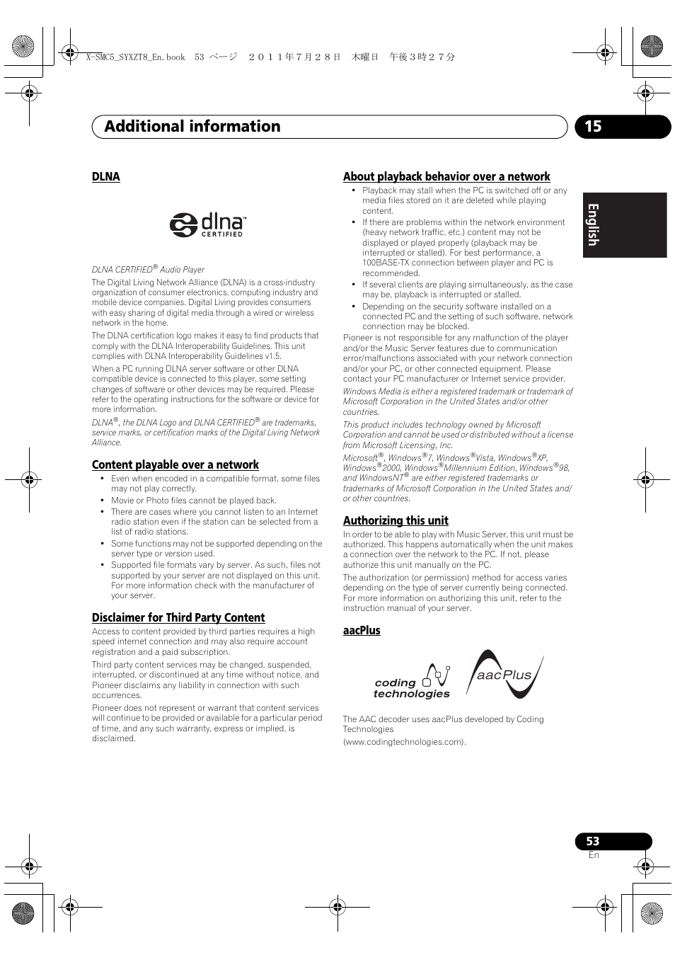 Additional information 15, English français español, Dlna | Content playable over a network, Disclaimer for third party content, About playback behavior over a network, Authorizing this unit, Aacplus | Pioneer X-SMC5-K User Manual | Page 53 / 168