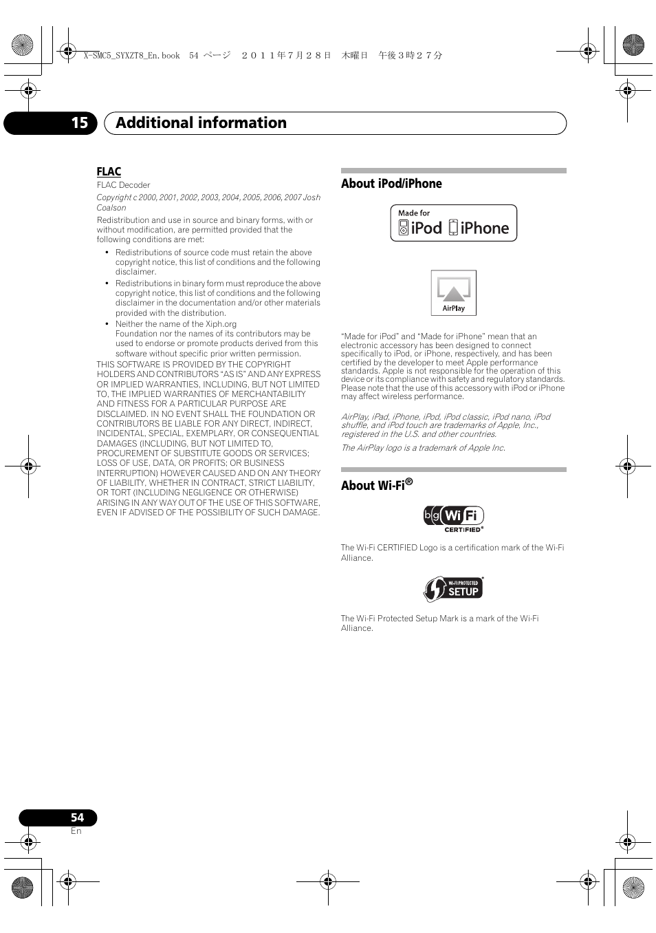 About ipod/iphone about wi-fi, Additional information 15, About ipod/iphone | About wi-fi | Pioneer X-SMC5-K User Manual | Page 54 / 168