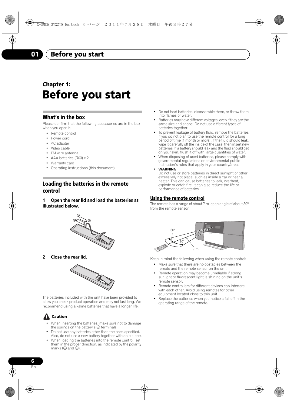 Using the remote control, Before you start, Before you start 01 | Chapter 1, What’s in the box, Loading the batteries in the remote control | Pioneer X-SMC5-K User Manual | Page 6 / 168