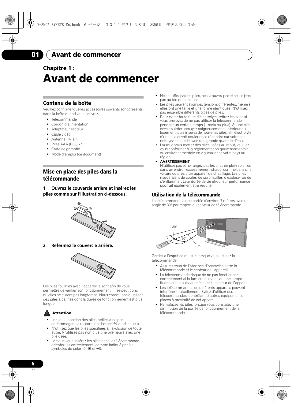 Utilisation de la télécommande, Avant de commencer, Avant de commencer 01 | Chapitre 1, Contenu de la boîte, Mise en place des piles dans la télécommande | Pioneer X-SMC5-K User Manual | Page 60 / 168