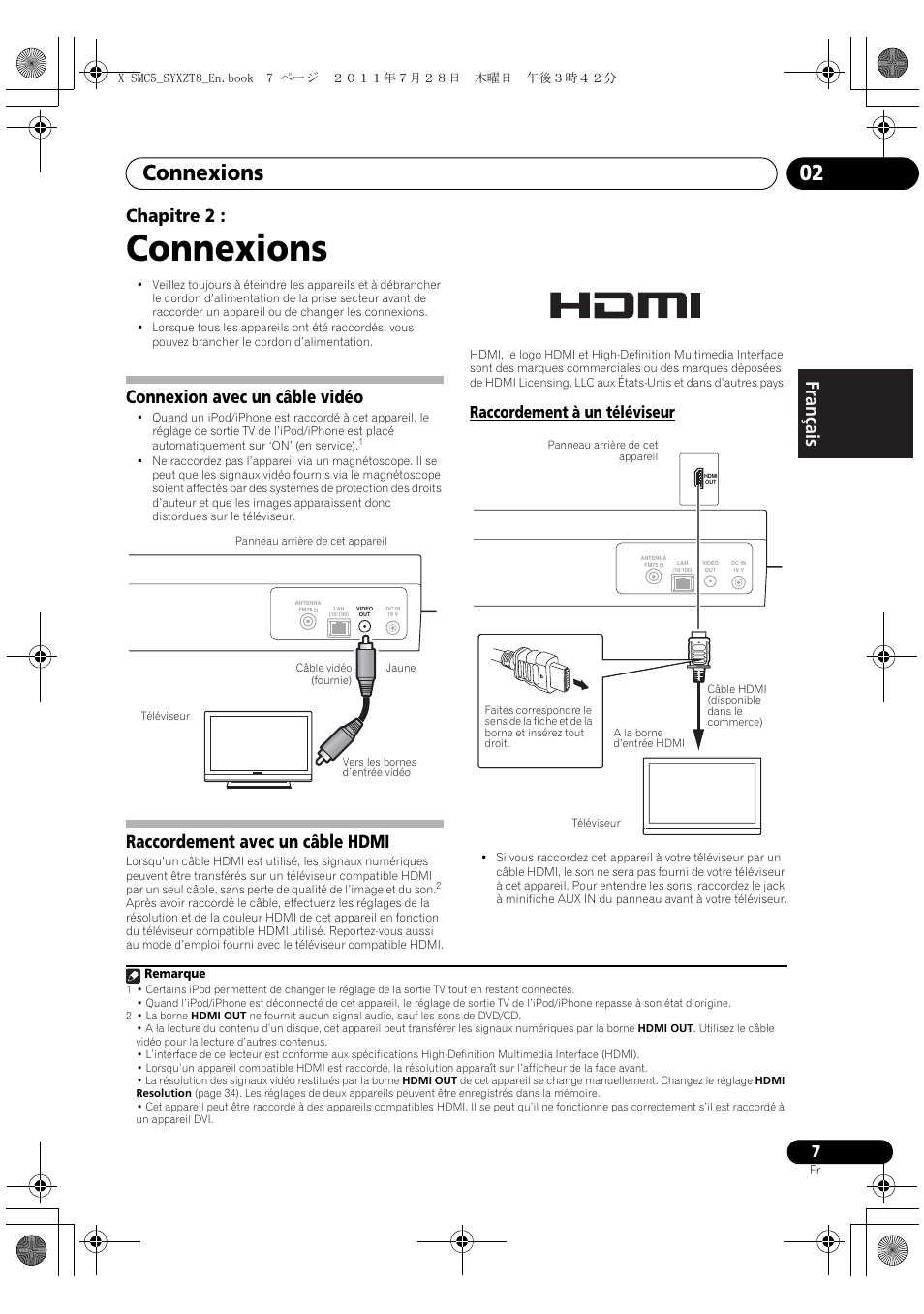 Raccordement à un téléviseur, Connexions, Connexions 02 | English français español chapitre 2, Connexion avec un câble vidéo, Raccordement avec un câble hdmi | Pioneer X-SMC5-K User Manual | Page 61 / 168