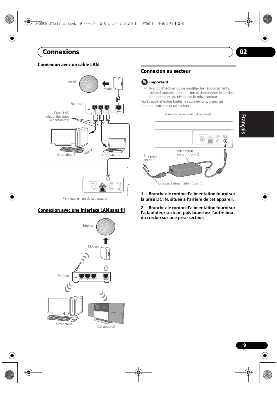 Connexions 02, English français español, Connexion au secteur | Pioneer X-SMC5-K User Manual | Page 63 / 168