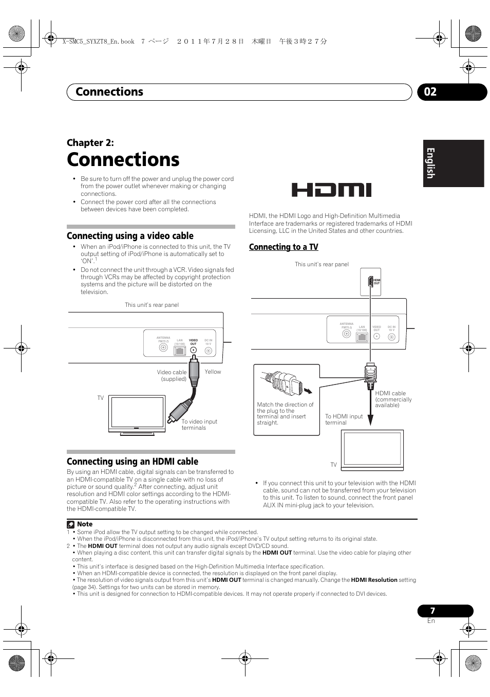 Connecting to a tv, Connections, Connections 02 | English français español chapter 2, Connecting using a video cable, Connecting using an hdmi cable | Pioneer X-SMC5-K User Manual | Page 7 / 168