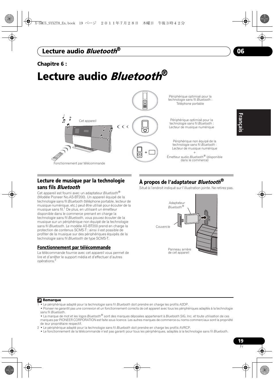 Fonctionnement par télécommande, À propos de l’adaptateur bluetooth, Bluetooth | Lecture audio, English français español chapitre 6 | Pioneer X-SMC5-K User Manual | Page 73 / 168