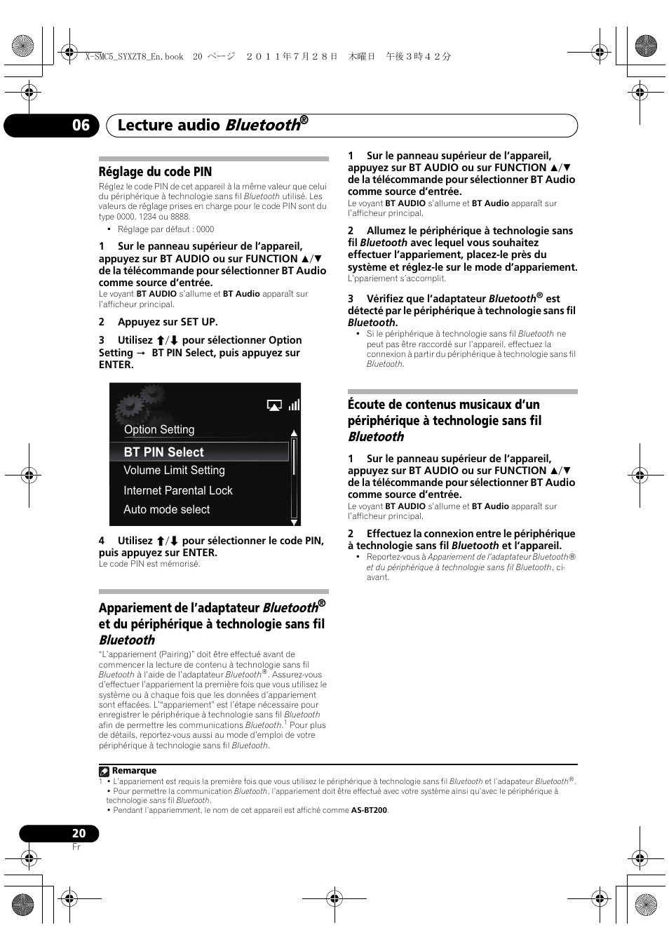 Bluetooth, Lecture audio, Réglage du code pin | Appariement de l’adaptateur bluetooth | Pioneer X-SMC5-K User Manual | Page 74 / 168