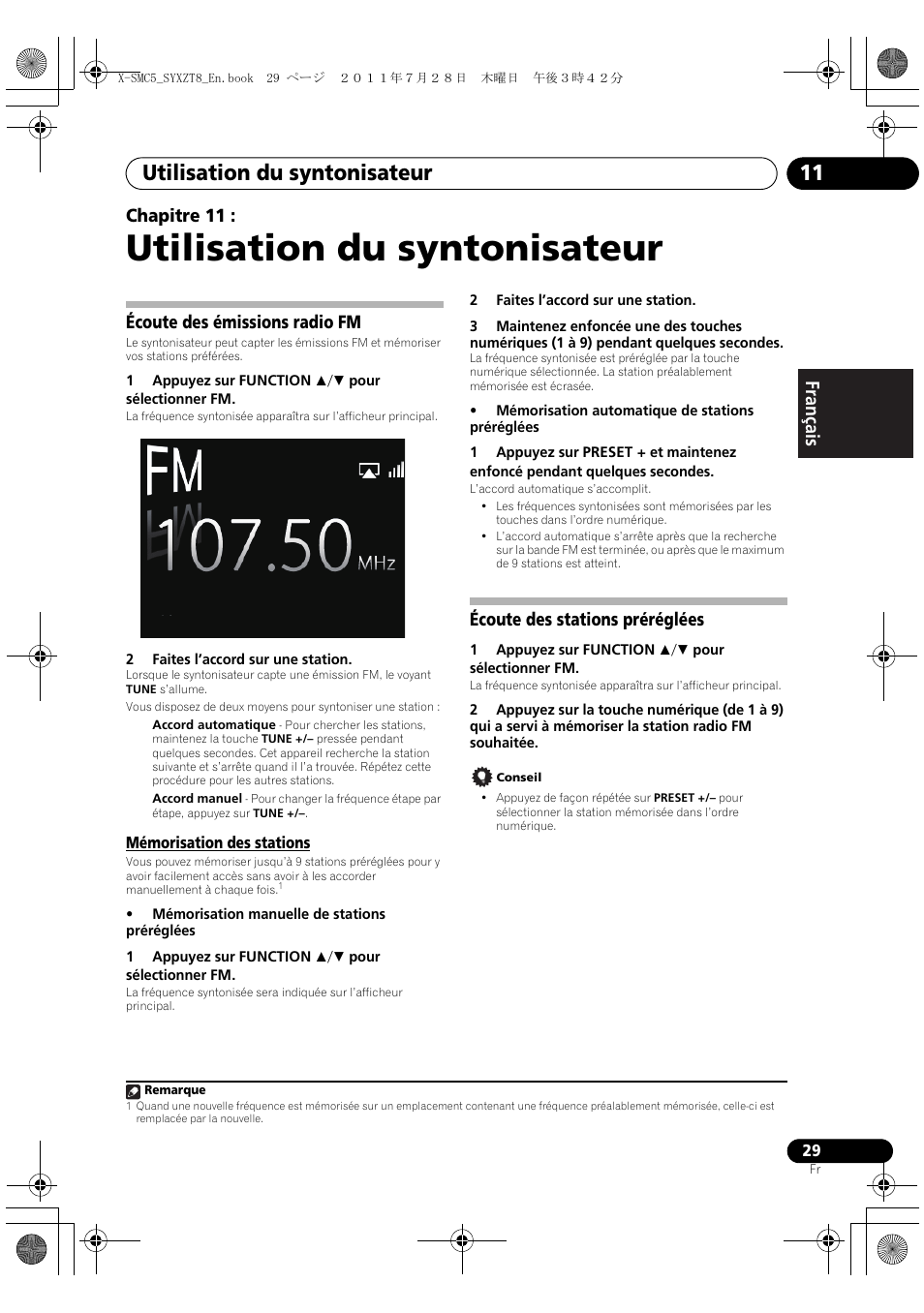 Écoute des émissions radio fm, Mémorisation des stations, Écoute des stations préréglées | Utilisation du syntonisateur, Utilisation du syntonisateur 11, English français español chapitre 11 | Pioneer X-SMC5-K User Manual | Page 83 / 168