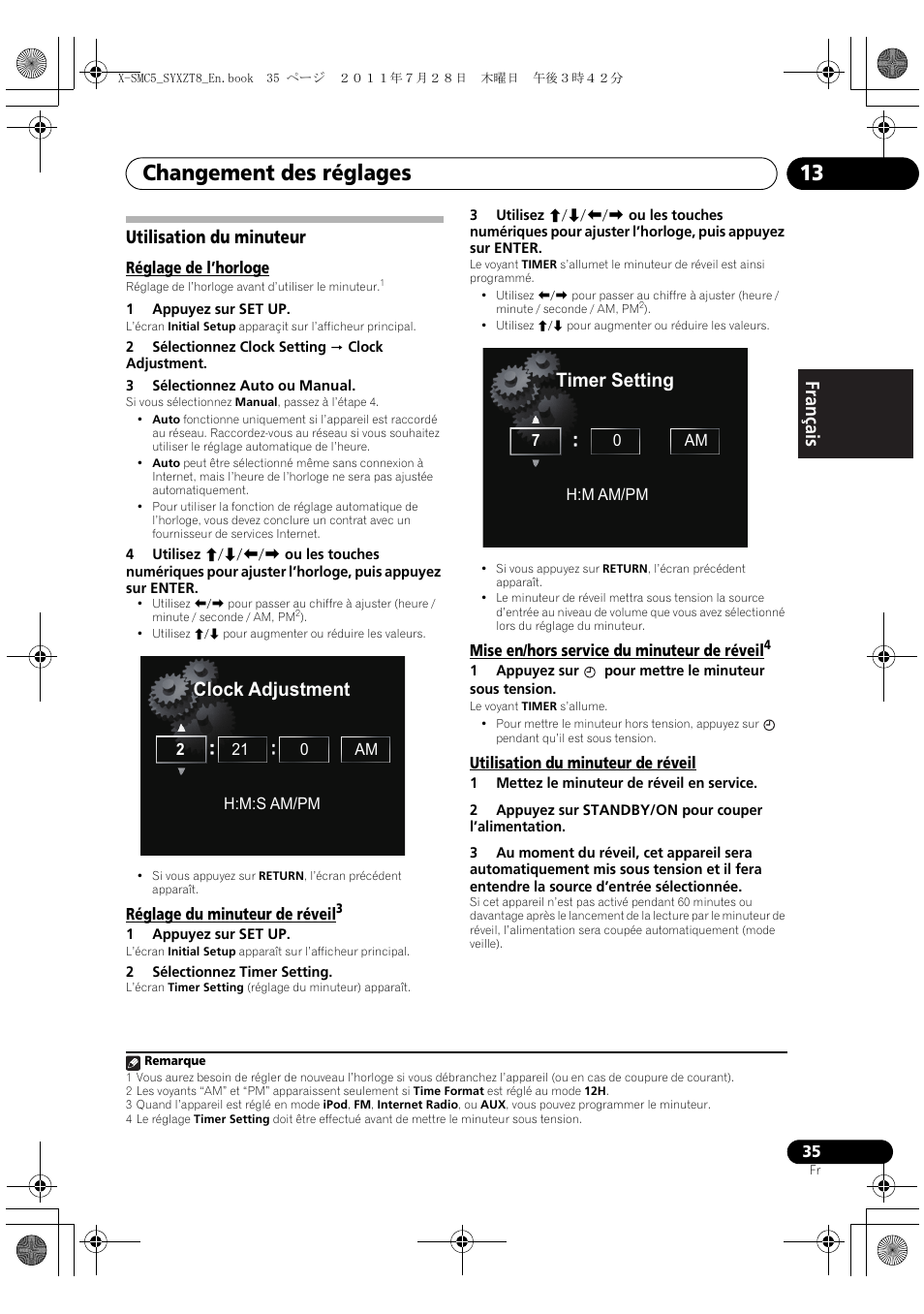 Utilisation du minuteur, Changement des réglages 13, Clock adjustment | Timer setting, English français español utilisation du minuteur | Pioneer X-SMC5-K User Manual | Page 89 / 168