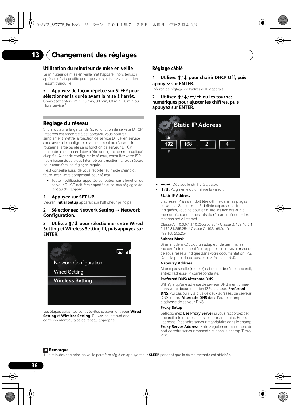 Utilisation du minuteur de mise en veille, Réglage du réseau, Réglage câblé | Changement des réglages 13, Static ip address | Pioneer X-SMC5-K User Manual | Page 90 / 168