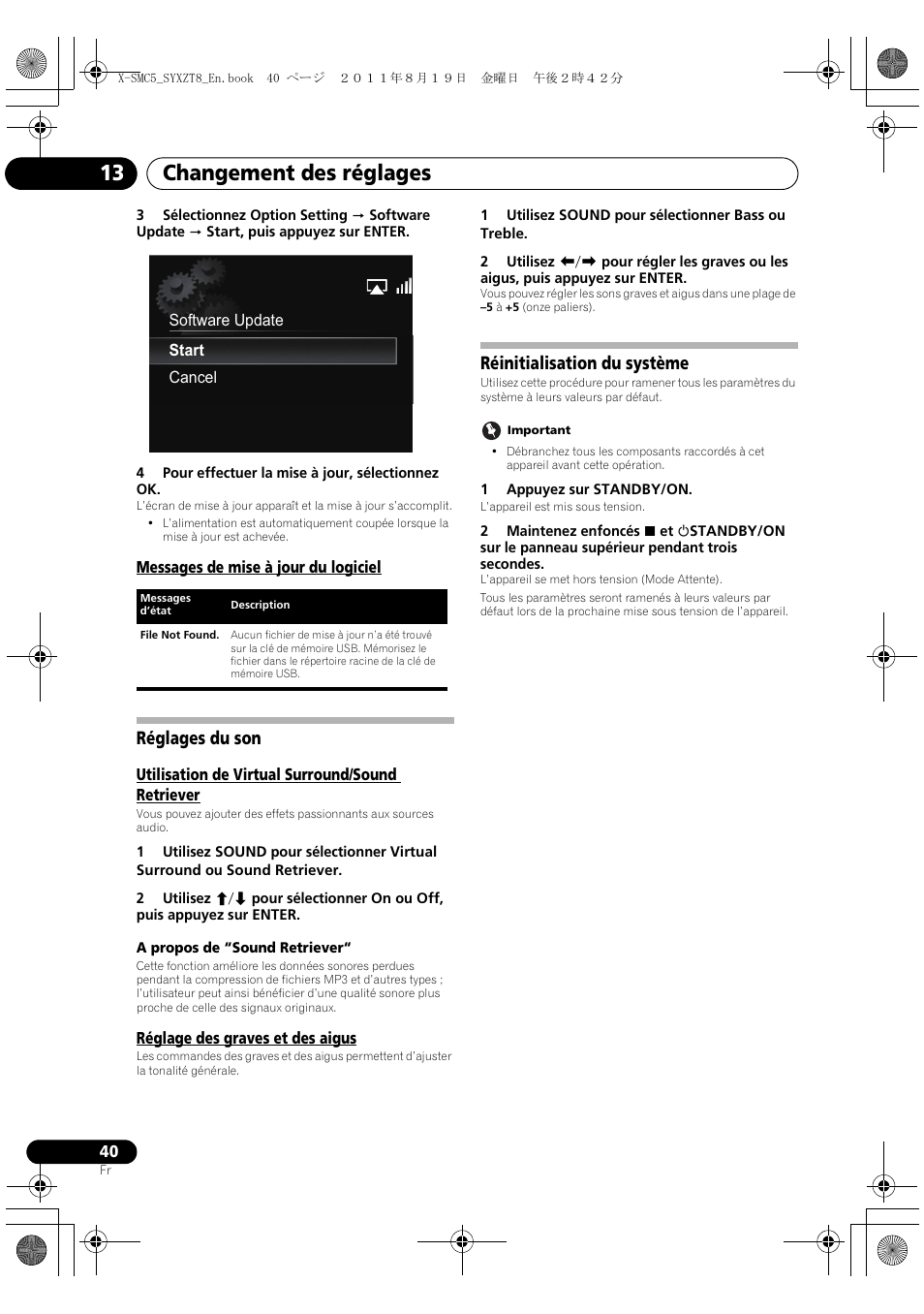 Messages de mise à jour du logiciel, Réglages du son, Réinitialisation du système | Changement des réglages 13 | Pioneer X-SMC5-K User Manual | Page 94 / 168