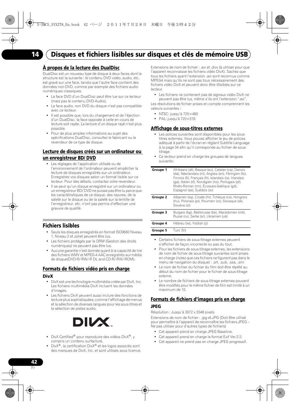 Fichiers lisibles, À propos de la lecture des dualdisc, Formats de fichiers vidéo pris en charge | Affichage de sous-titres externes, Formats de fichiers d’images pris en charge | Pioneer X-SMC5-K User Manual | Page 96 / 168