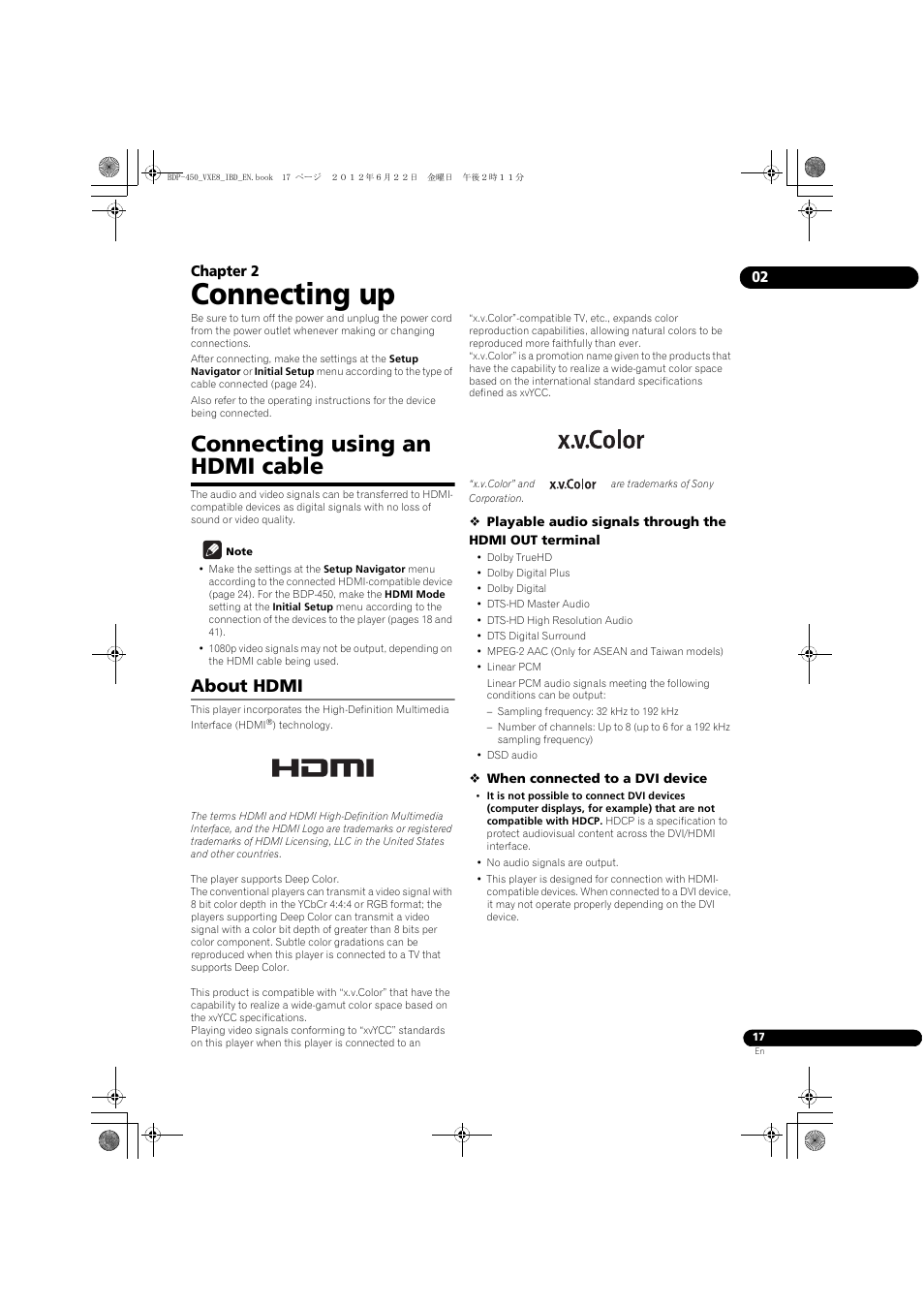 Connecting using an hdmi cable, About hdmi, Connecting up | 02 chapter 2 | Pioneer BDP-450-K User Manual | Page 17 / 60