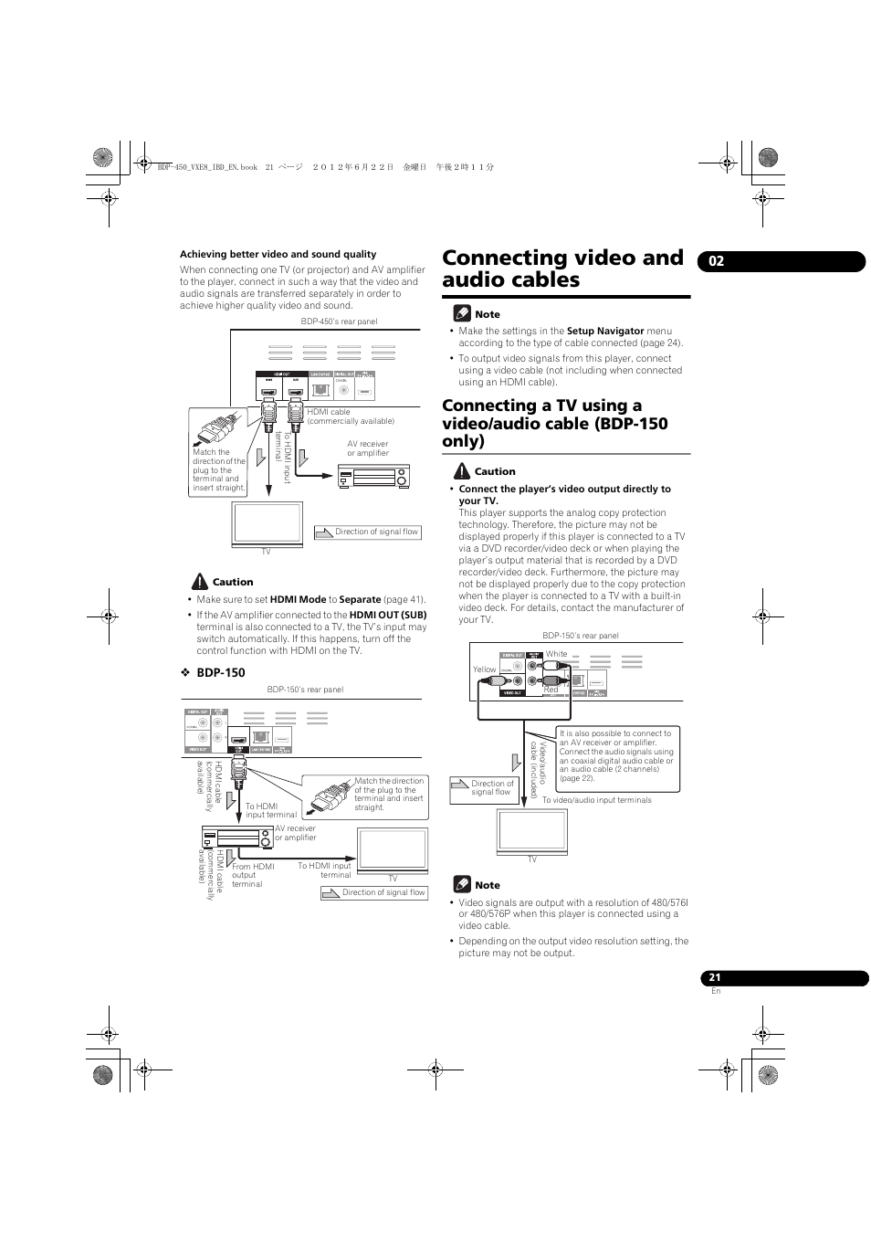 Connecting video and audio cables | Pioneer BDP-450-K User Manual | Page 21 / 60