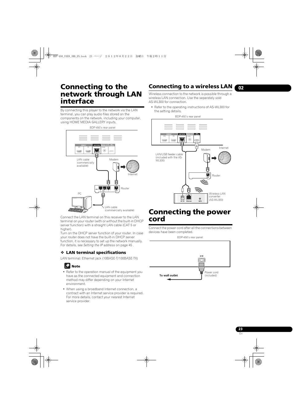 Connecting to the network through lan interface, Connecting to a wireless lan, Connecting the power cord | Pioneer BDP-450-K User Manual | Page 23 / 60