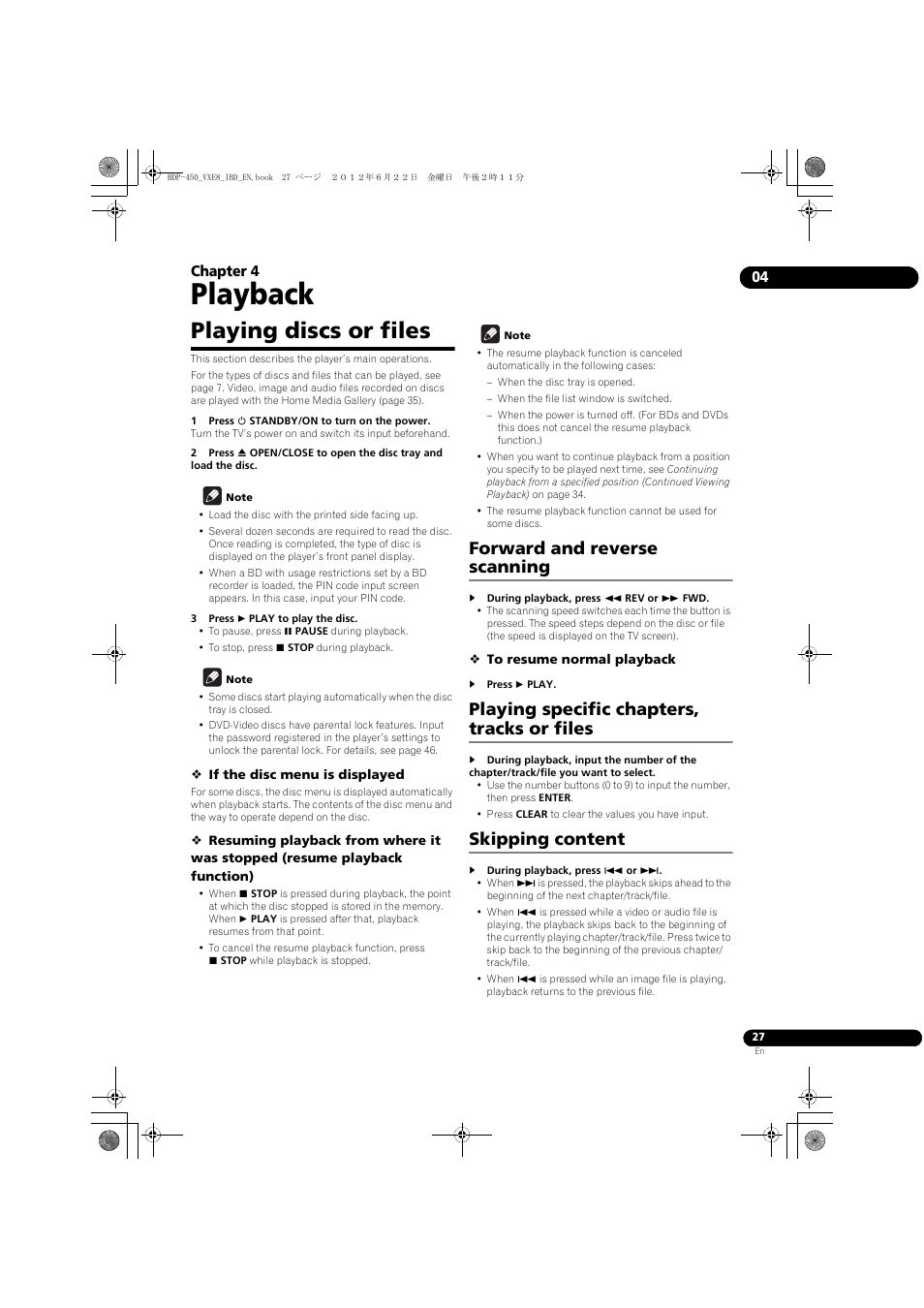 Playing discs or files, Playback, Forward and reverse scanning | Playing specific chapters, tracks or files, Skipping content, 04 chapter 4 | Pioneer BDP-450-K User Manual | Page 27 / 60