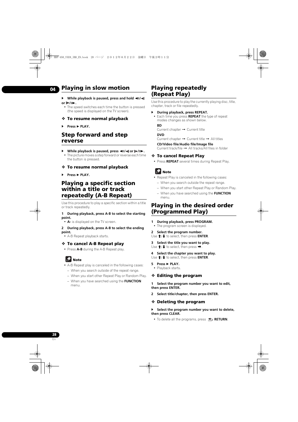 Playing in slow motion, Step forward and step reverse, Playing repeatedly (repeat play) | Playing in the desired order (programmed play) | Pioneer BDP-450-K User Manual | Page 28 / 60
