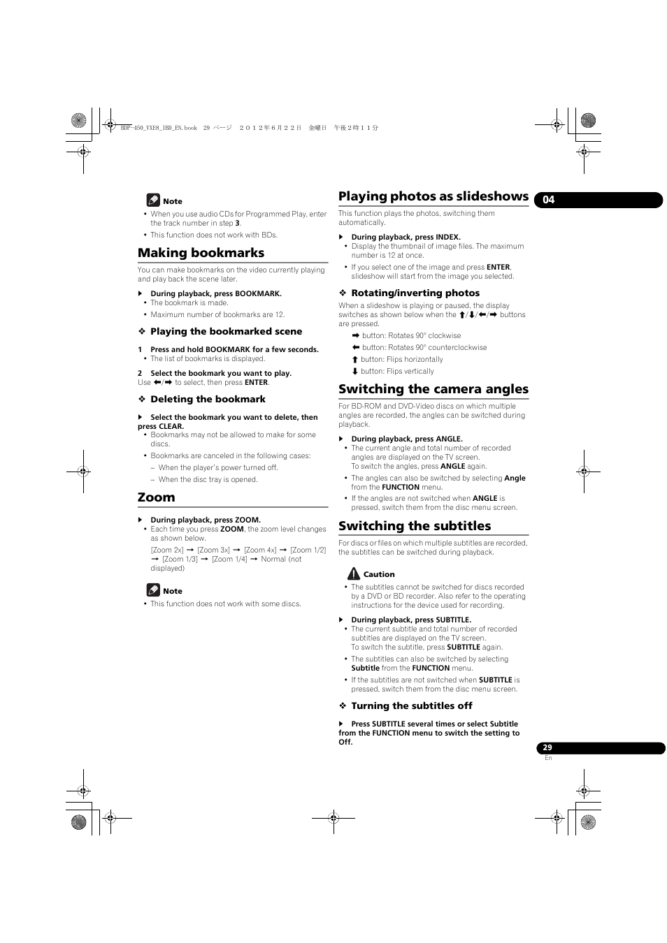Making bookmarks, Zoom, Playing photos as slideshows | Switching the camera angles, Switching the subtitles | Pioneer BDP-450-K User Manual | Page 29 / 60