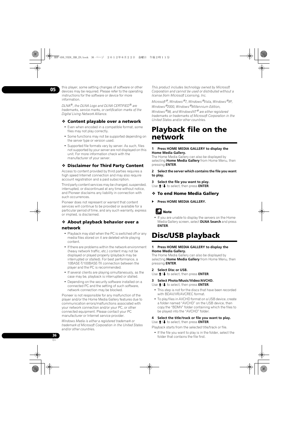 Playback file on the network disc/usb playback, Playback file on the network, Disc/usb playback | Pioneer BDP-450-K User Manual | Page 36 / 60