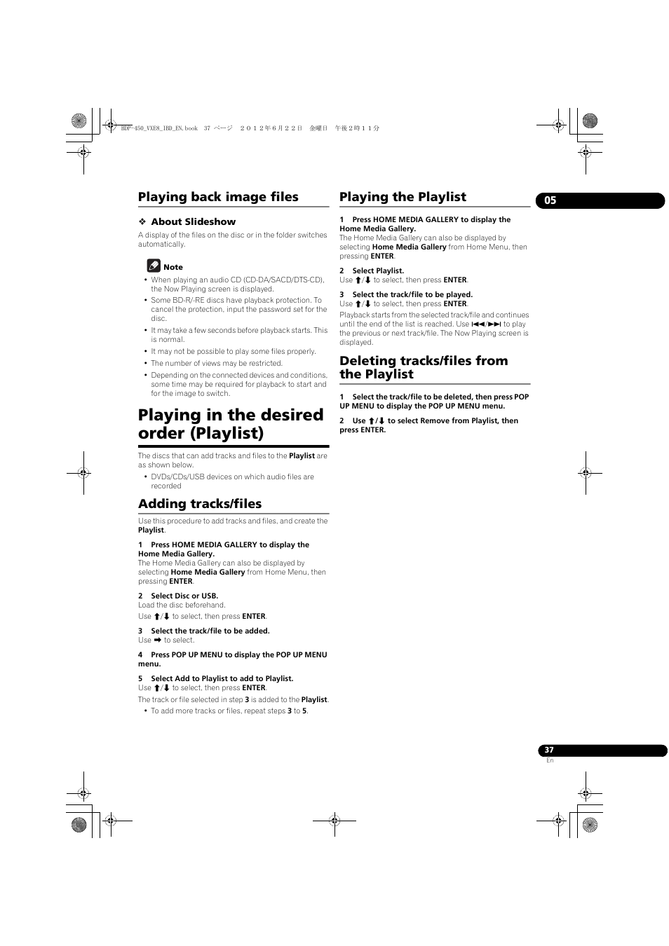 Playing back image files, Playing in the desired order (playlist), Adding tracks/files | Playing the playlist, Deleting tracks/files from the playlist | Pioneer BDP-450-K User Manual | Page 37 / 60
