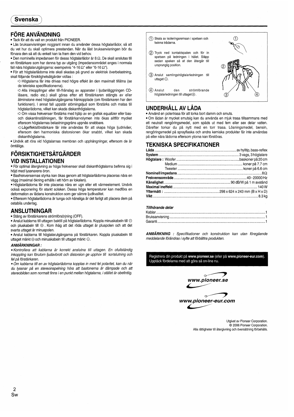 Svenska, Fore anvandning, Försiktighetsätgärder vid installationen | Anslutningar, Underhall av lada, Tekniska specifikationer, Svenska fore anvandning | Pioneer CS-5070 User Manual | Page 2 / 8