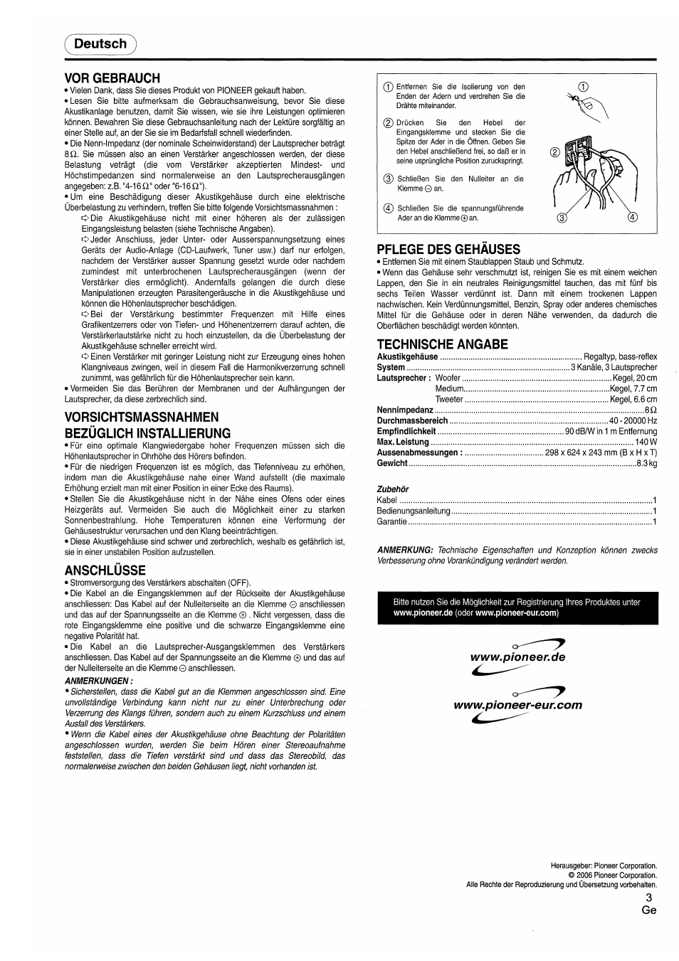 Deutsch, Vor gebrauch, Vorsichtsmassnahmen bezüglich installierung | Anschlüsse, Pflege des gehäuses, Technische angabe, Deutsch vor gebrauch | Pioneer CS-5070 User Manual | Page 3 / 8
