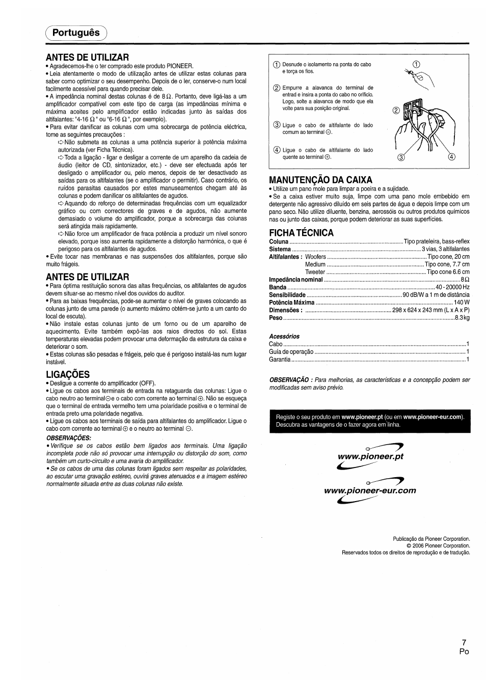Portugués, Antes de utilizar, Ligaqóes | Manutençao da caixa, Ficha técnica, Portugués antes de utilizar | Pioneer CS-5070 User Manual | Page 7 / 8