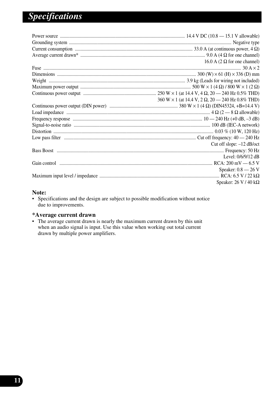 Specifications | Pioneer GM-7200M User Manual | Page 12 / 85