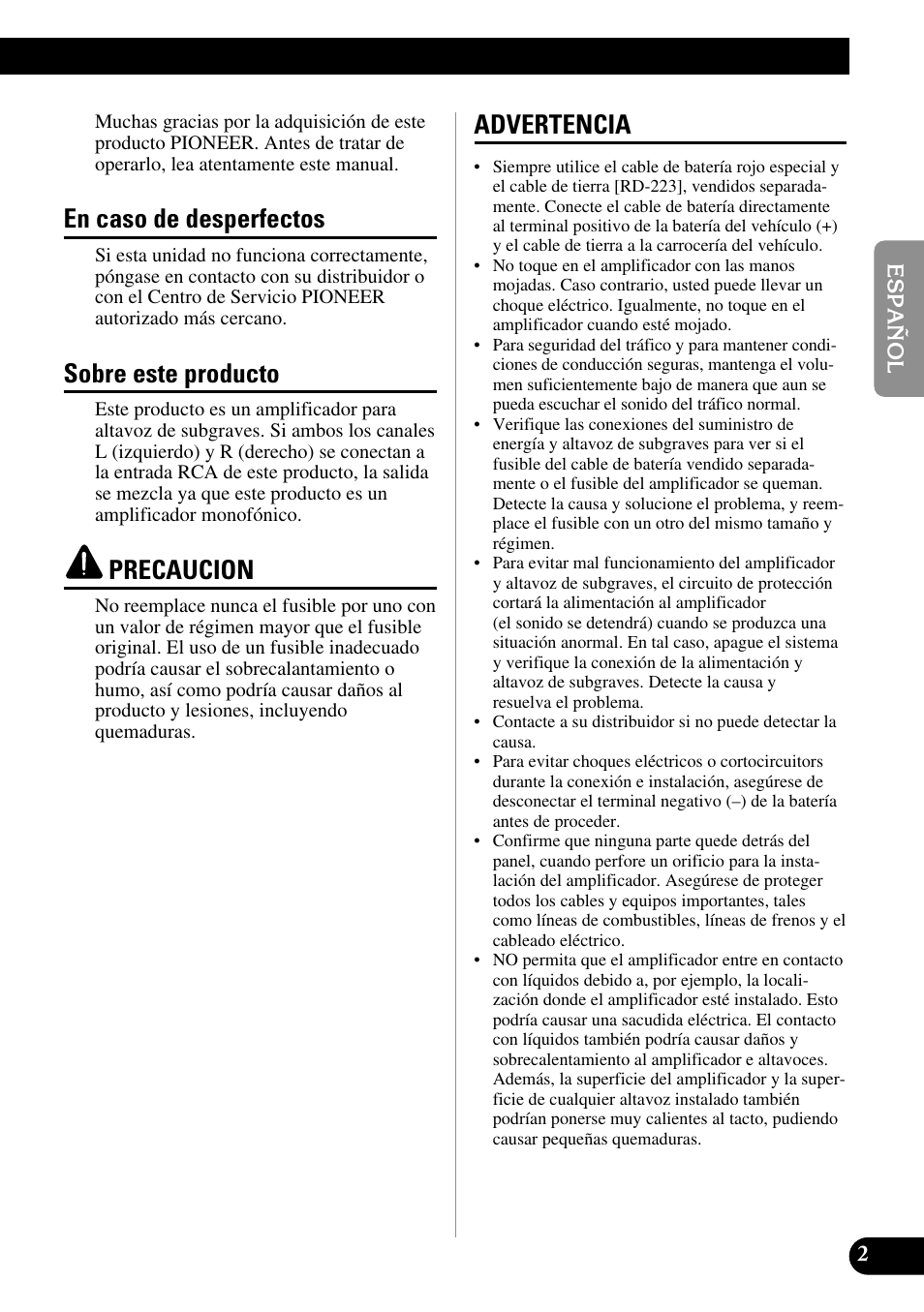 En caso de desperfectos, Sobre este producto, Precaucion | Advertencia | Pioneer GM-7200M User Manual | Page 15 / 85