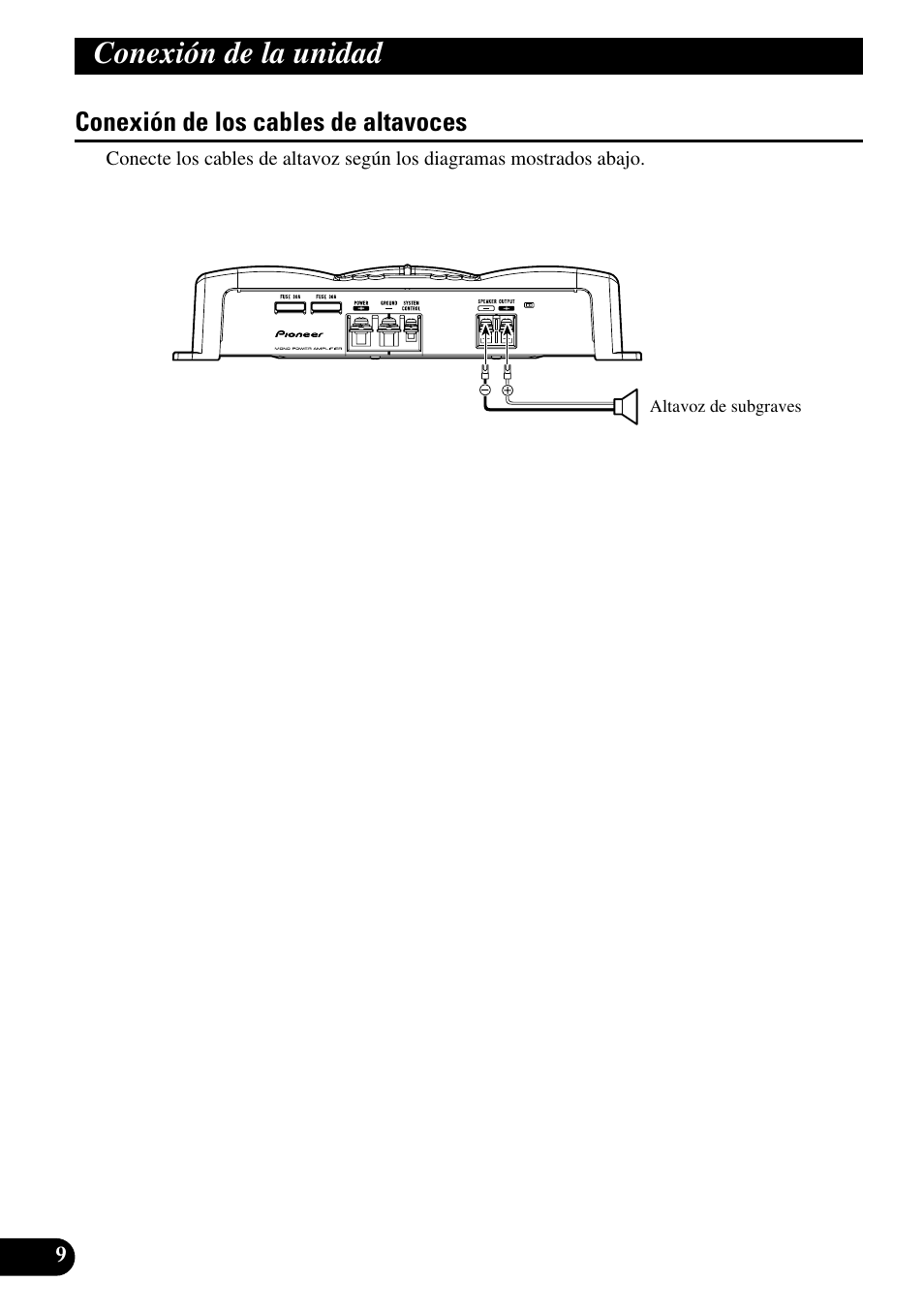 Conexión de los cables de altavoces, Conexión de la unidad | Pioneer GM-7200M User Manual | Page 22 / 85