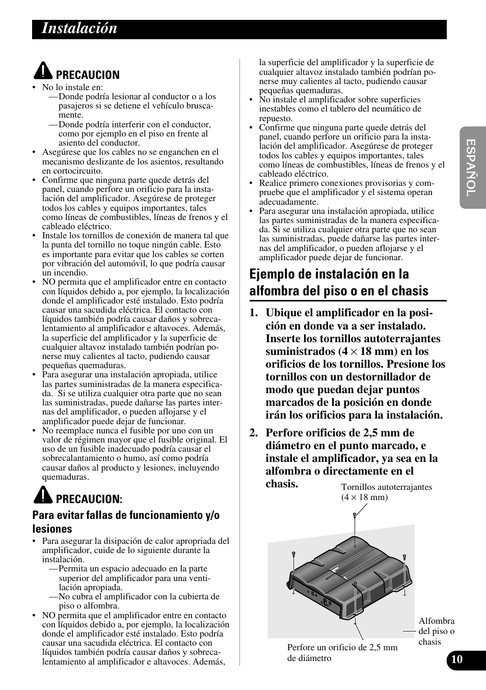 Instalación, Ejemplo de instalación en la alfombra, Del piso o en el chasis | Pioneer GM-7200M User Manual | Page 23 / 85