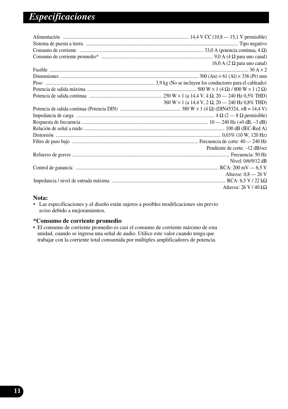 Especificaciones | Pioneer GM-7200M User Manual | Page 24 / 85