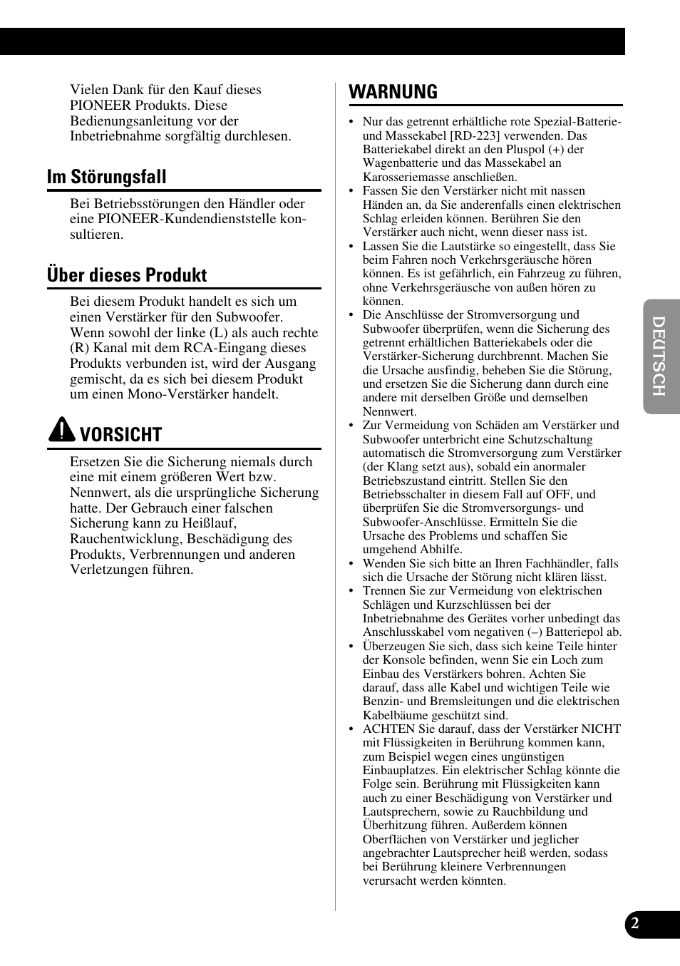 Im störungsfall, Über dieses produkt, Vorsicht | Warnung | Pioneer GM-7200M User Manual | Page 27 / 85