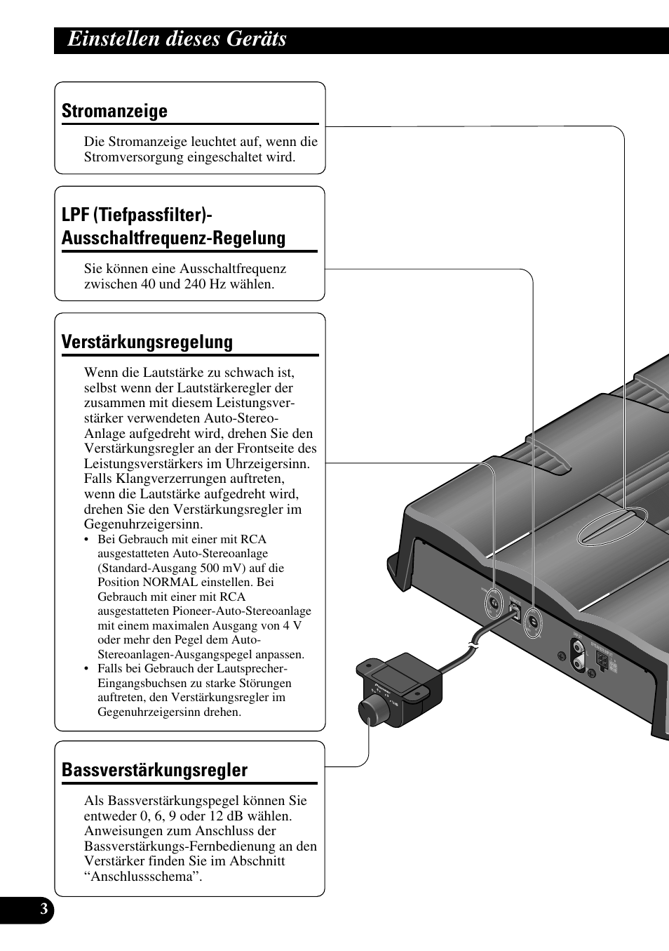 Einstellen dieses geräts, Regelung, Verstärkungsregelung bassverstärkungsregler | Verstärkungsregelung, Stromanzeige, Lpf (tiefpassfilter)- ausschaltfrequenz-regelung, Bassverstärkungsregler | Pioneer GM-7200M User Manual | Page 28 / 85