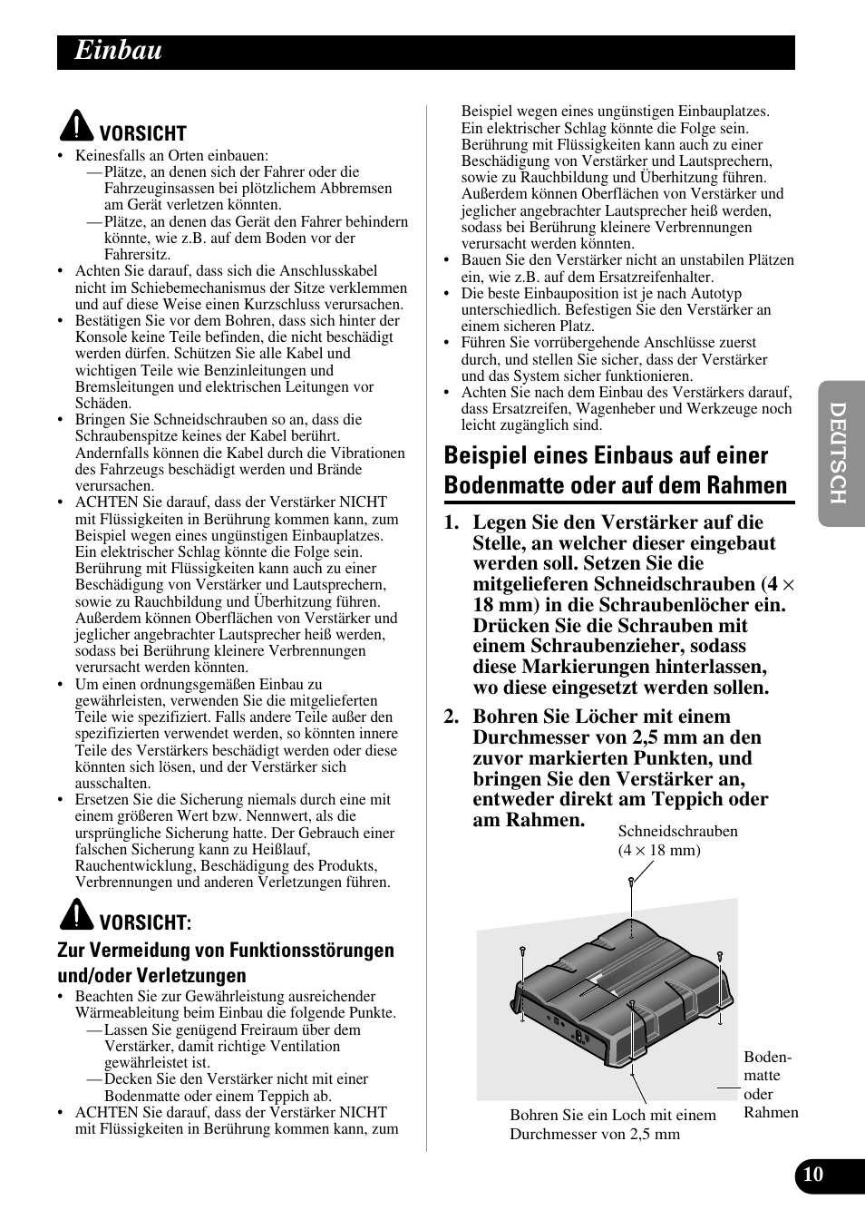 Einbau, Beispiel eines einbaus auf einer, Bodenmatte oder auf dem rahmen | Pioneer GM-7200M User Manual | Page 35 / 85