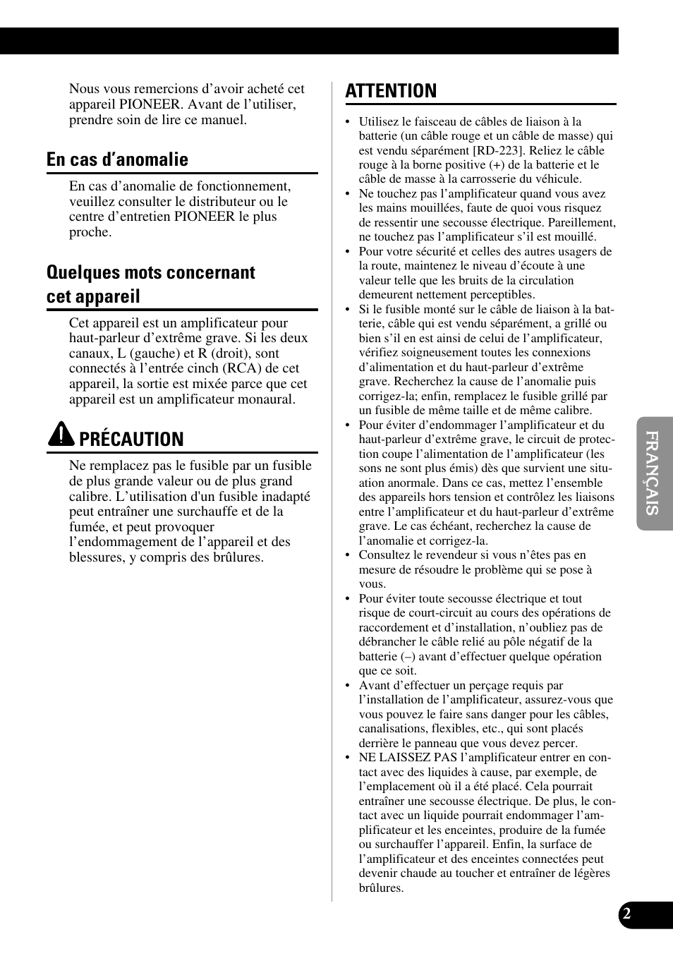 En cas d’anomalie, Quelques mots concernant cet appareil, Précaution | Attention | Pioneer GM-7200M User Manual | Page 39 / 85