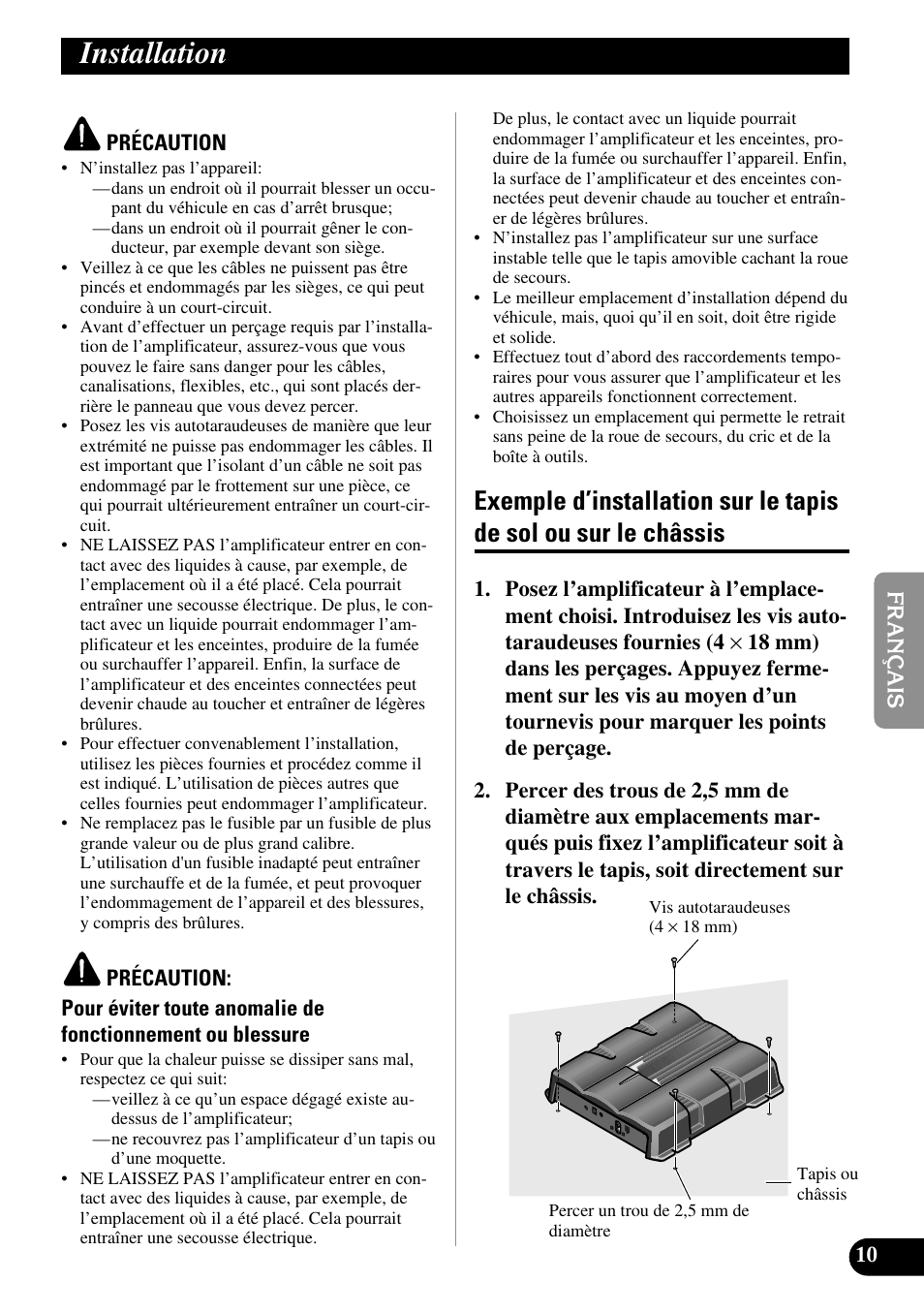 Installation, Exemple d’installation sur le tapis de sol, Ou sur le châssis | Pioneer GM-7200M User Manual | Page 47 / 85