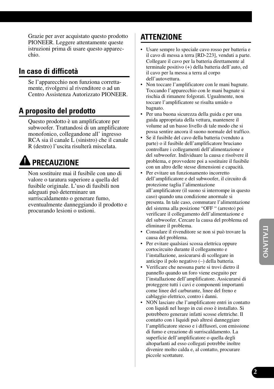 A proposito del prodotto, Precauzione, Attenzione | Pioneer GM-7200M User Manual | Page 51 / 85