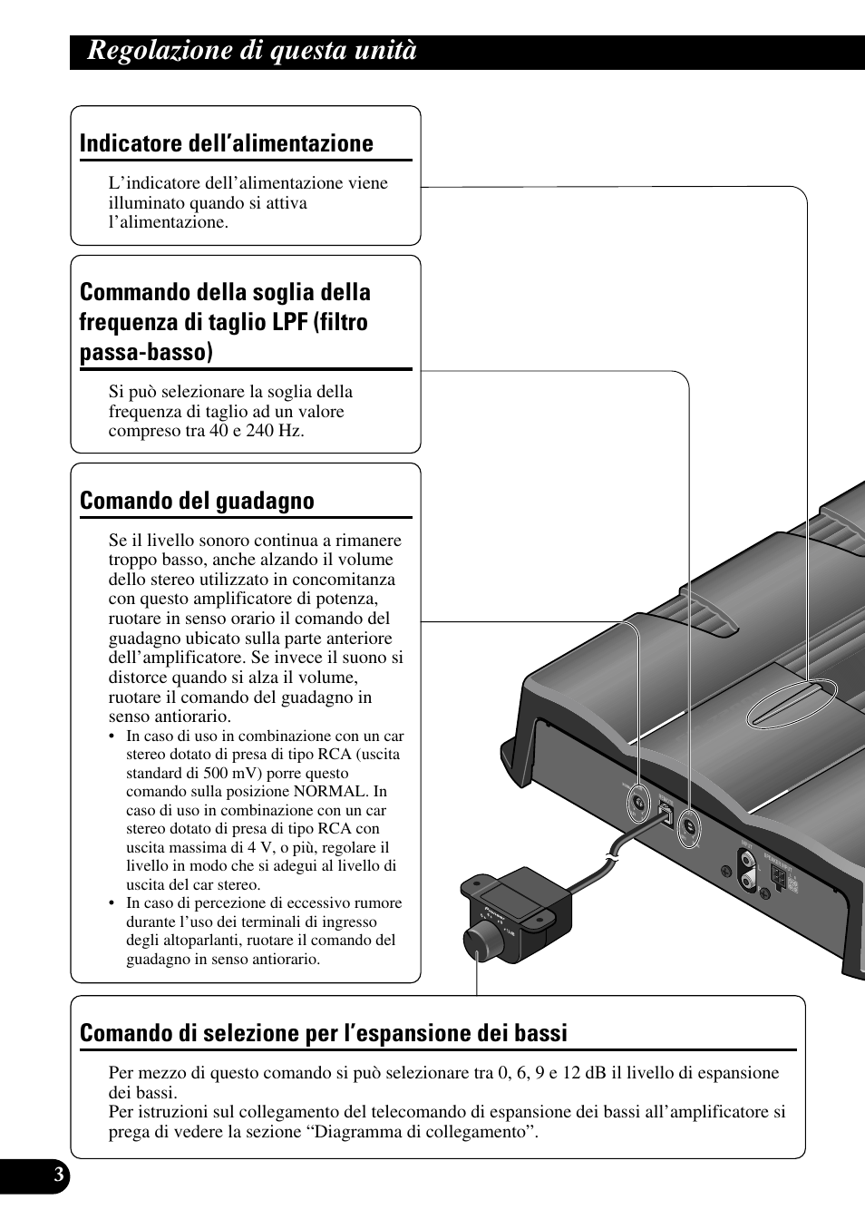 Regolazione di questa unità, Di taglio lpf (filtro passa-basso), Comando del guadagno comando di selezione per | L’espansione dei bassi, Comando del guadagno, Indicatore dell’alimentazione, Comando di selezione per l’espansione dei bassi | Pioneer GM-7200M User Manual | Page 52 / 85