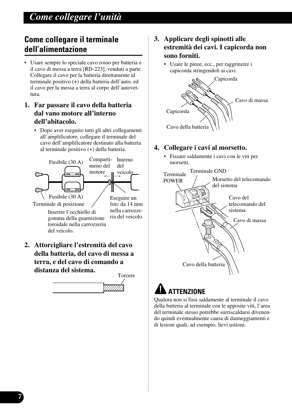 Come collegare il terminale, Dell’alimentazione, Come collegare l’unità | Come collegare il terminale dell’alimentazione | Pioneer GM-7200M User Manual | Page 56 / 85