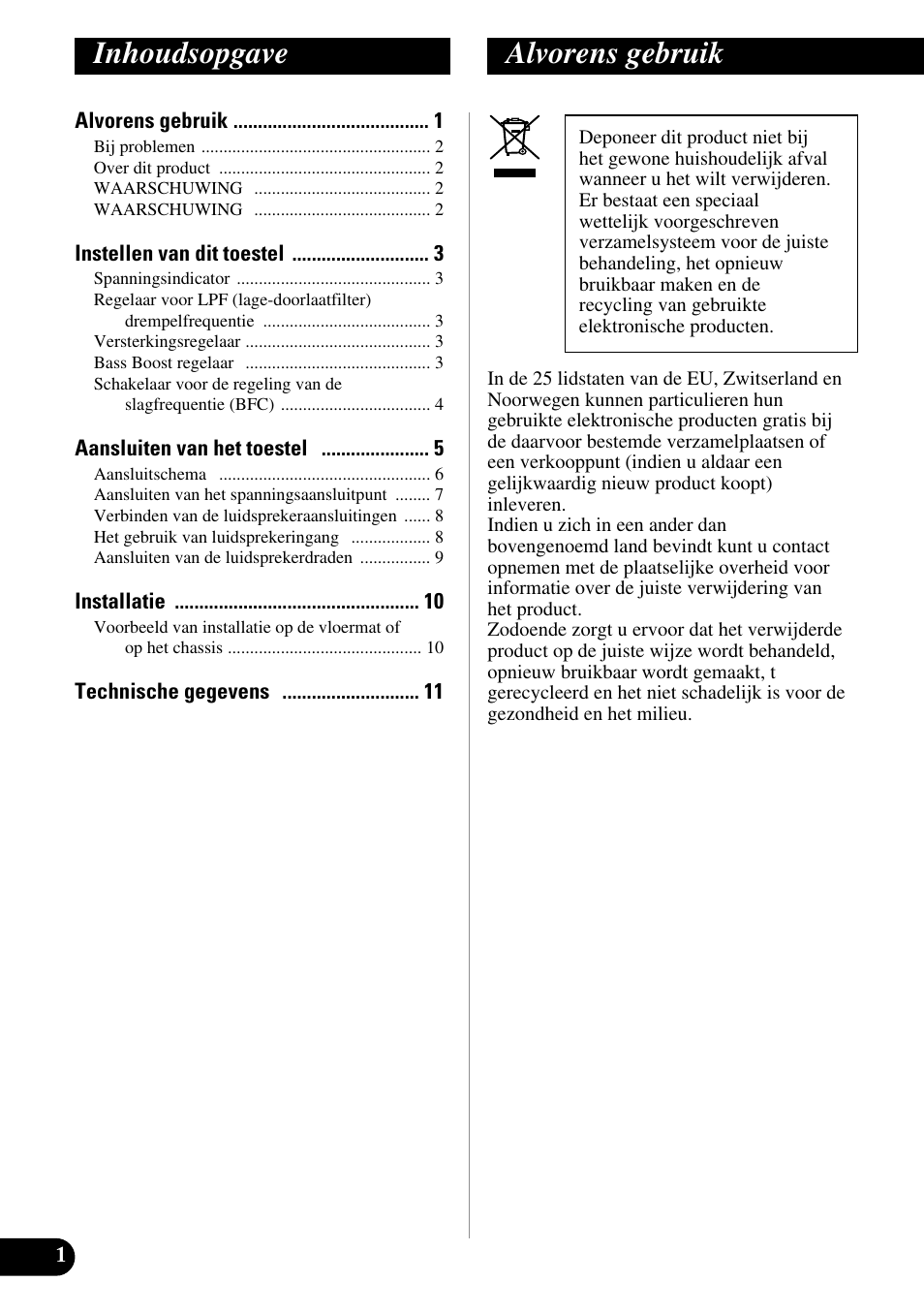 Nederlands, Inhoudsopgave alvorens gebruik | Pioneer GM-7200M User Manual | Page 62 / 85