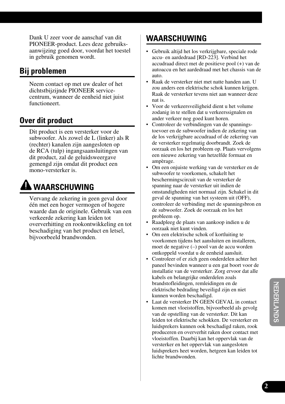 Bij problemen, Over dit product, Waarschuwing | Pioneer GM-7200M User Manual | Page 63 / 85