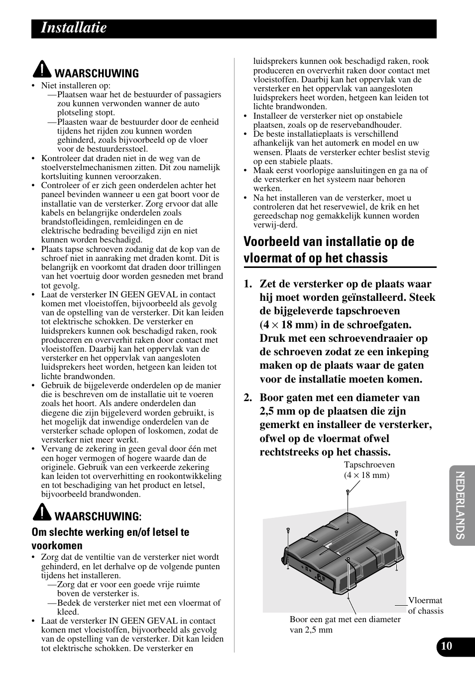 Installatie, Voorbeeld van installatie op de vloermat of, Op het chassis | Pioneer GM-7200M User Manual | Page 71 / 85