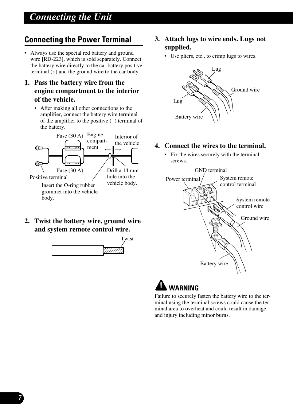 Connecting the power terminal, Connecting the unit | Pioneer GM-7200M User Manual | Page 8 / 85