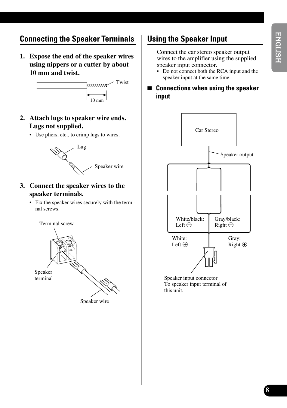 Connecting the speaker terminals, Using the speaker input | Pioneer GM-7200M User Manual | Page 9 / 85