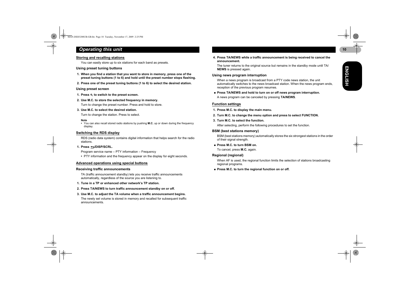 Storing and recalling stations, Switching the rds display, Advanced operations using | Special buttons, Function settings, Operating this unit | Pioneer DEH-3200UB User Manual | Page 10 / 28