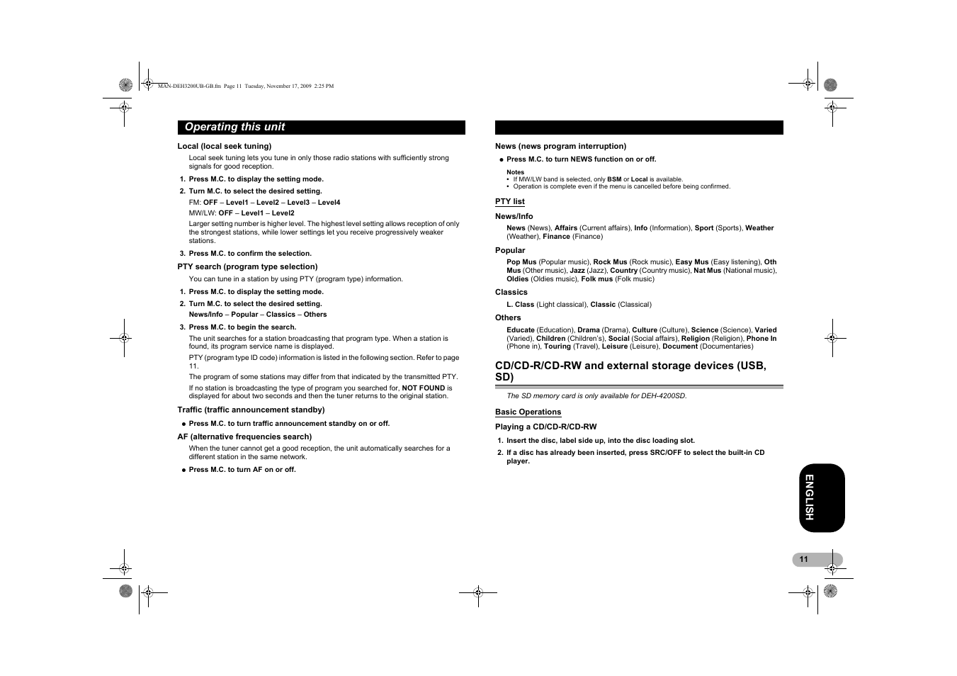 Pty list, Cd/cd-r/cd-rw and external, Storage devices (usb, sd) | Basic operations, Age 11) | Pioneer DEH-3200UB User Manual | Page 11 / 28