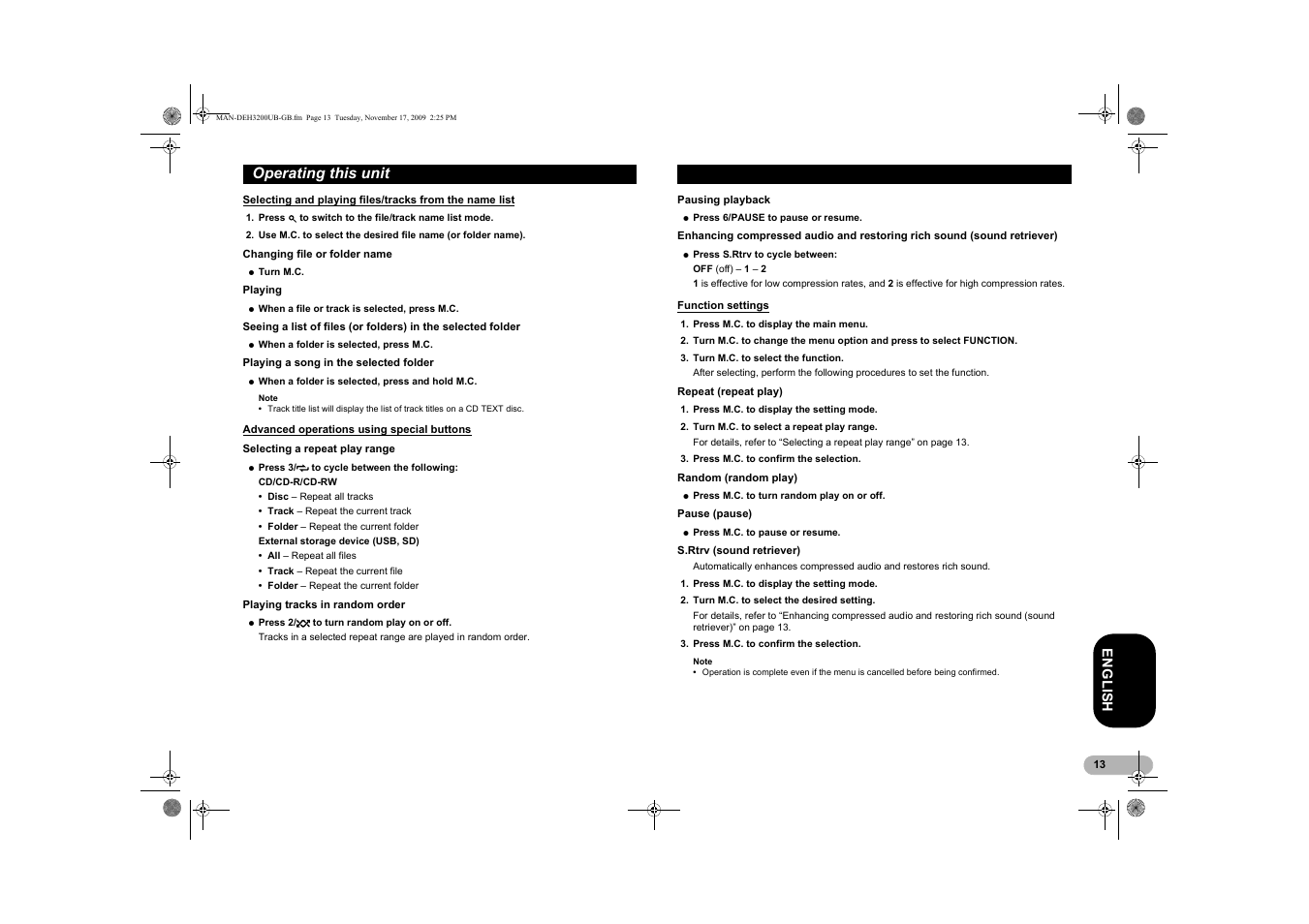 Selecting and playing files, Tracks from the name list, Advanced operations using | Special buttons, Function settings, Operating this unit | Pioneer DEH-3200UB User Manual | Page 13 / 28