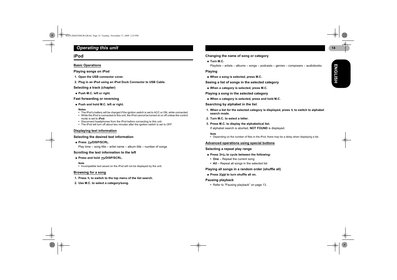 Ipod, Basic operations, Displaying text information | Browsing for a song, Advanced operations using, Special buttons, Operating this unit | Pioneer DEH-3200UB User Manual | Page 14 / 28