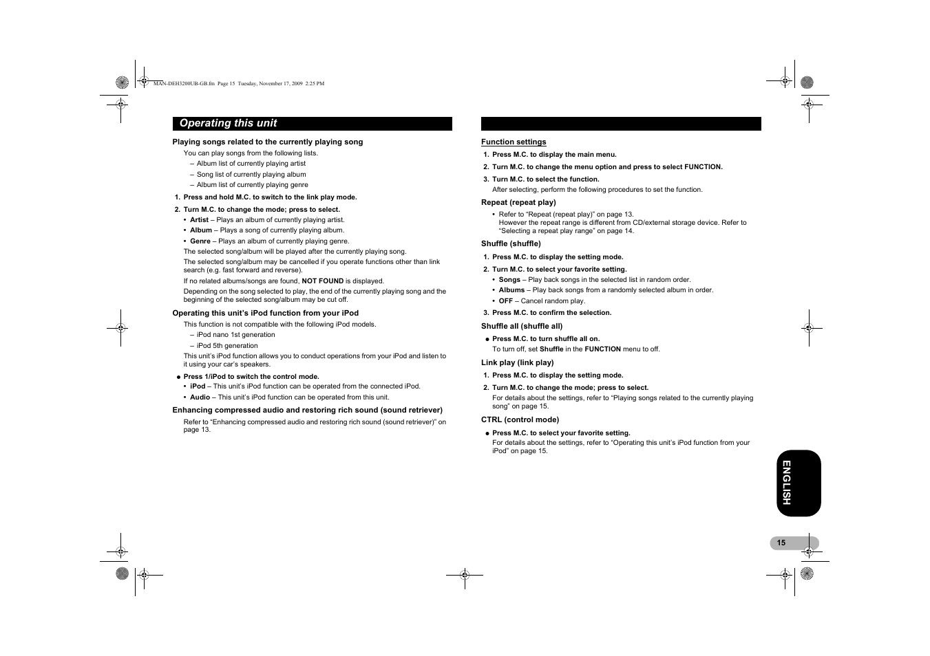 Function settings, Operating this unit | Pioneer DEH-3200UB User Manual | Page 15 / 28