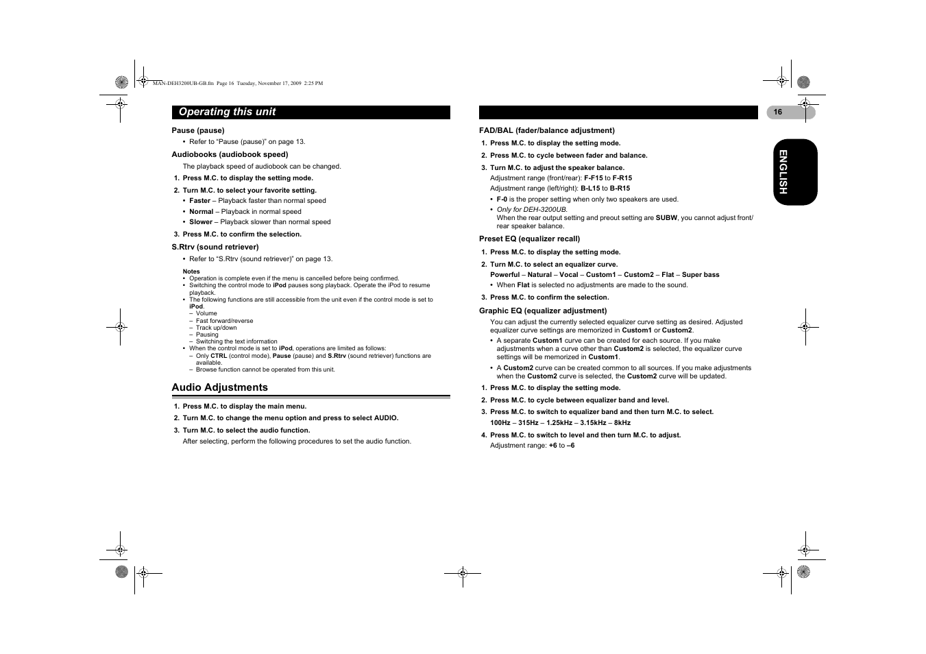Audio adjustments, Operating this unit | Pioneer DEH-3200UB User Manual | Page 16 / 28